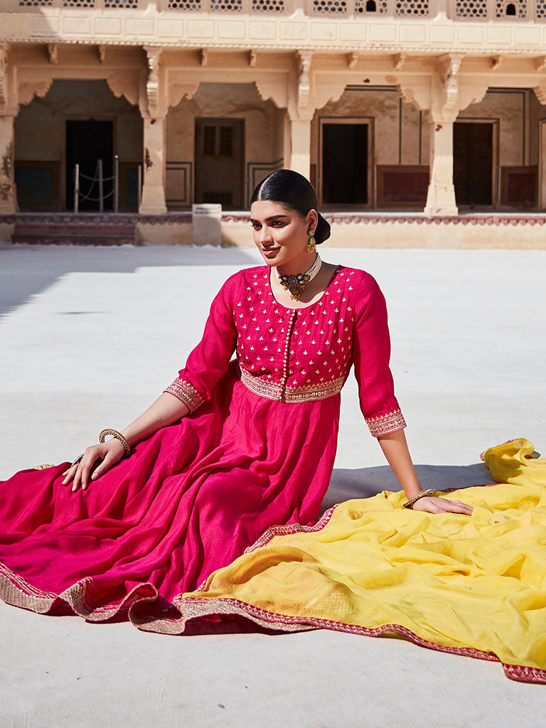 Pink Zari Work Floor Length Anarkali Kurta With Yellow Organza Embellished Dupatta