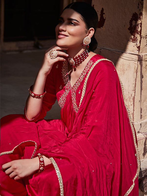 Red Zardosi Embroidered Silk Long Kurta Paired With Embrodiered Organza Dupatta
