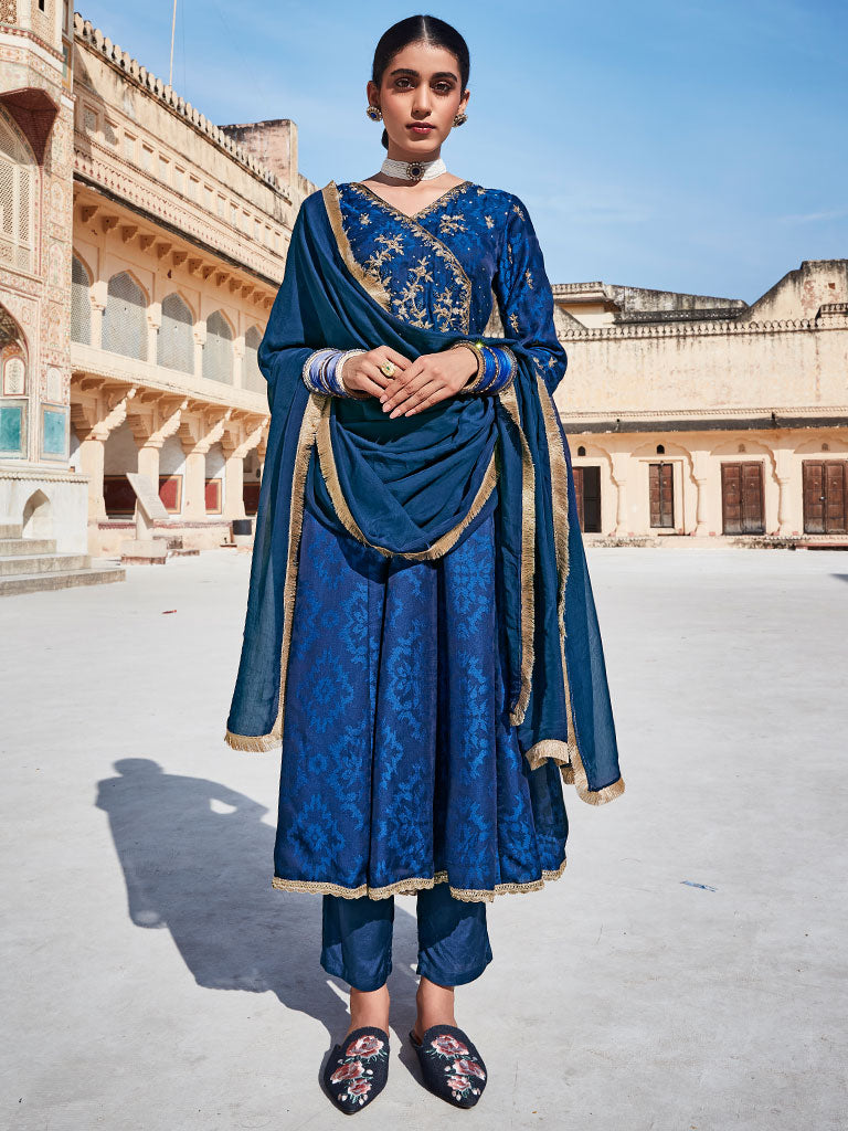 Blue Silk Dobby Embroidered Anarkali Long Kurta With Silk Blend Trousers And Organza Embroidred Dupatta
