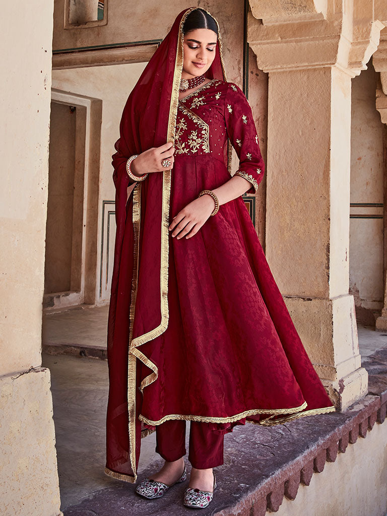 Maroon Silk Dobby Embroidered Anarkali Long Kurta With Silk Blend Trousers And Organza Embroidred Dupatta