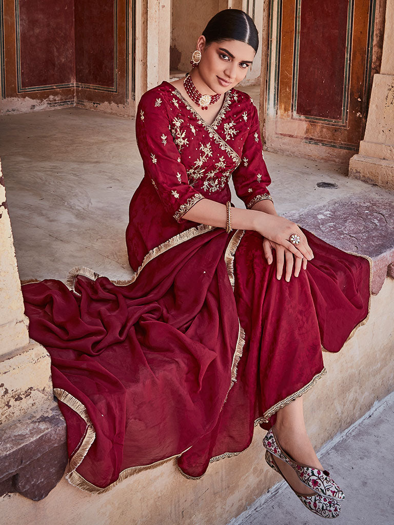 Maroon Silk Dobby Embroidered Anarkali Long Kurta With Silk Blend Trousers And Organza Embroidred Dupatta