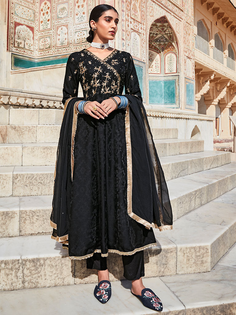 Black Silk Dobby Embroidered Anarkali Long Kurta With Silk Blend Trousers And Organza Embroidred Dupatta