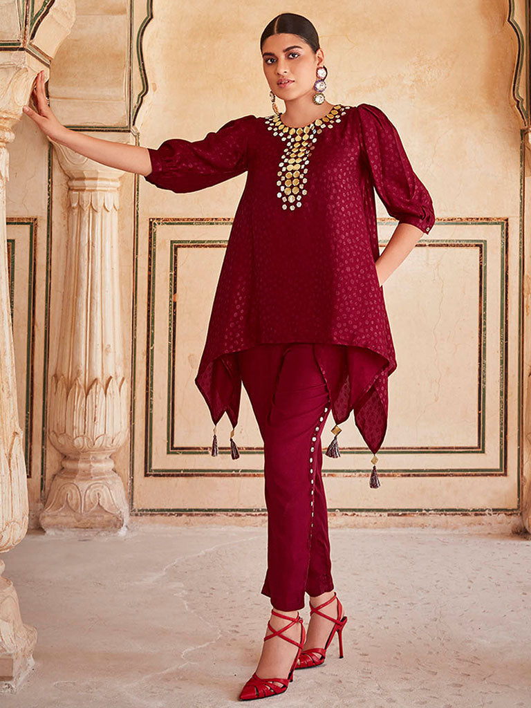 Maroon Hankerchief Mirror Embellished Silk Top With Mirror Embellished Trousers