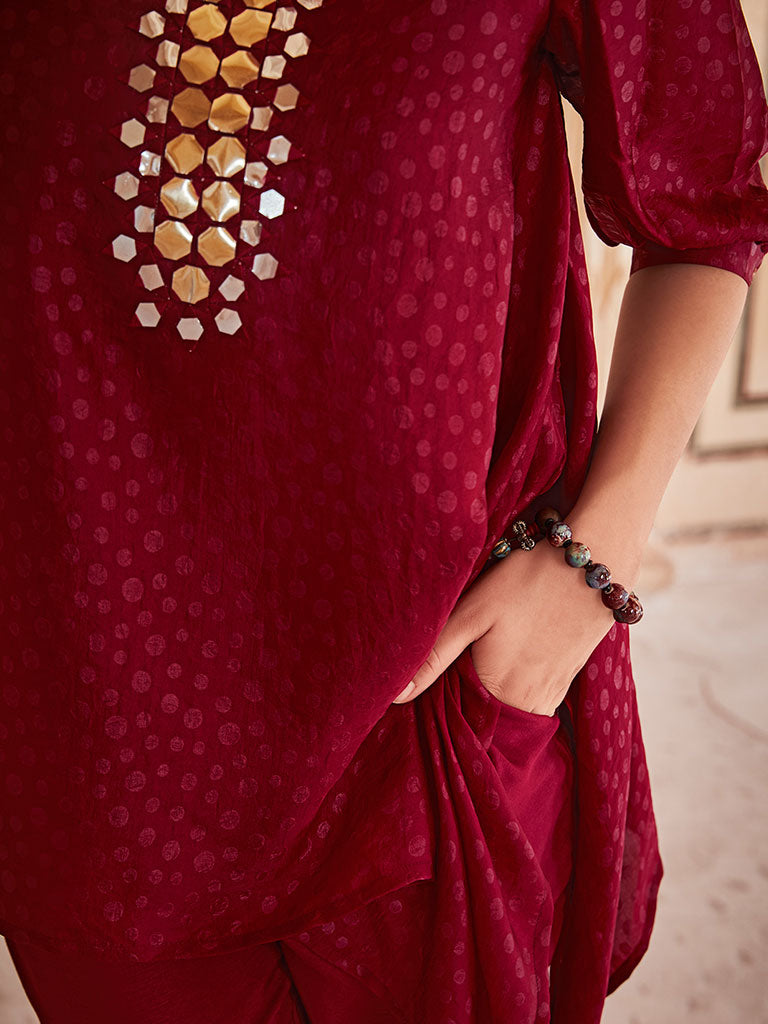 Maroon Handkerchief Mirror Embellished Silk Top With Mirror Embellished Trousers