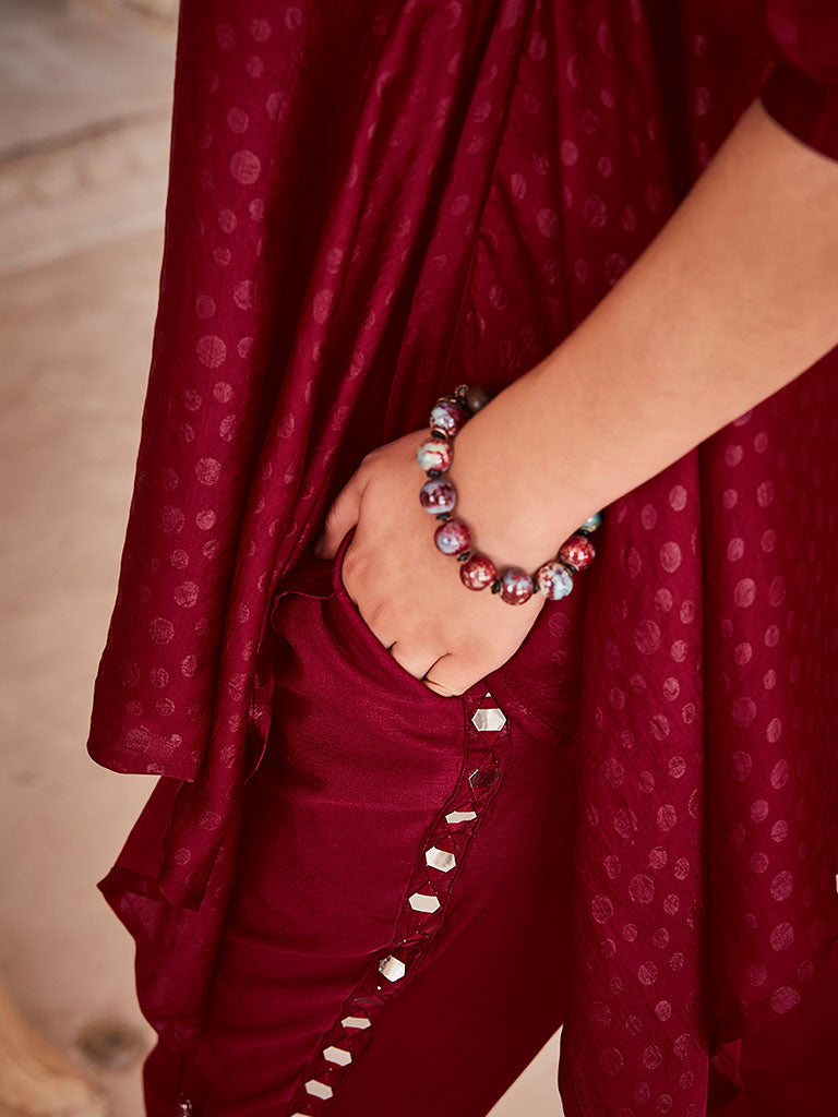 Maroon Handkerchief Mirror Embellished Silk Top With Mirror Embellished Trousers