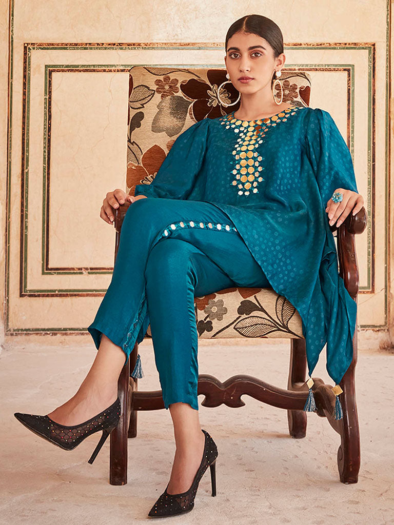 Teal Hankerchief Mirror Embellished Silk Top With Mirror Embellished Trousers