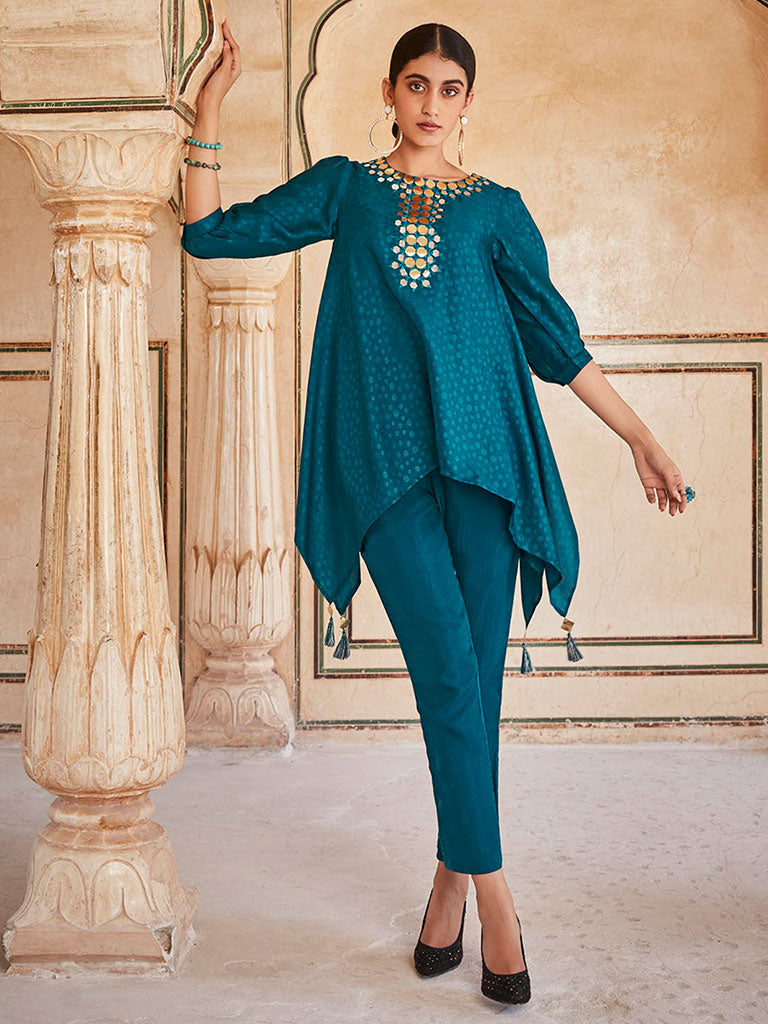 Teal Handkerchief Mirror Embellished Silk Top With Mirror Embellished Trousers