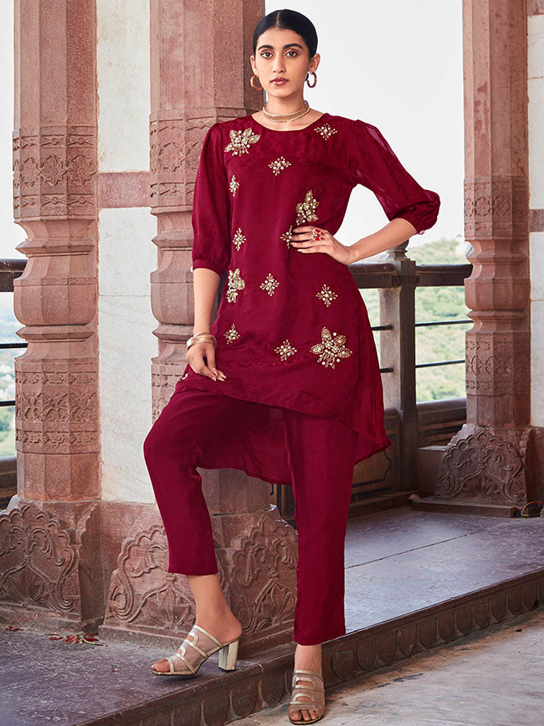 Maroon Self Weave Embroidered Co-ord Set