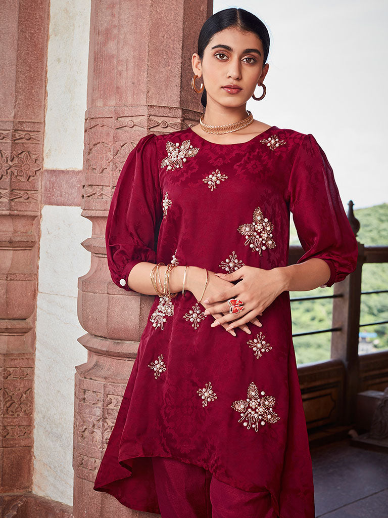 Maroon Self Weave Embroidered Co-ord Set
