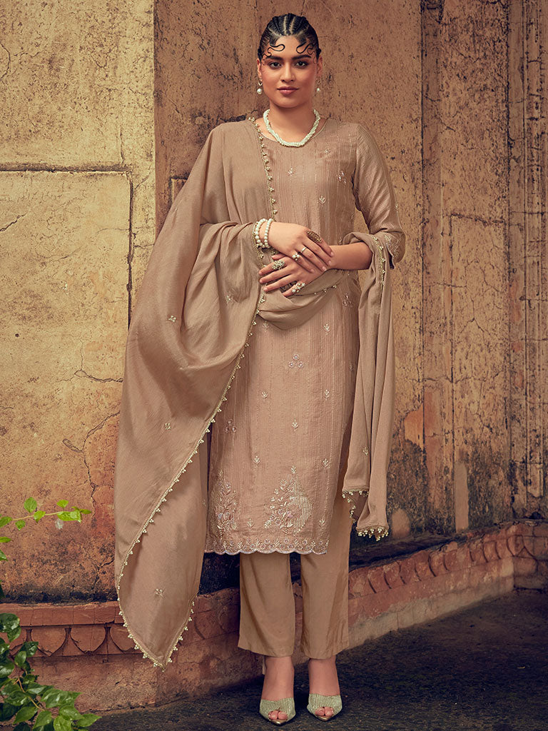 Powder Beige Color Straight Zardozi Embroided Kurta With Pants And Chinon Embroidered Dupatta