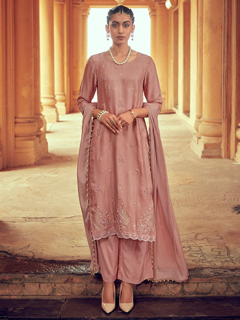 Beige Color Straight Zardozi Embroided Kurta With Pants And Chinon Embroidered Dupatta