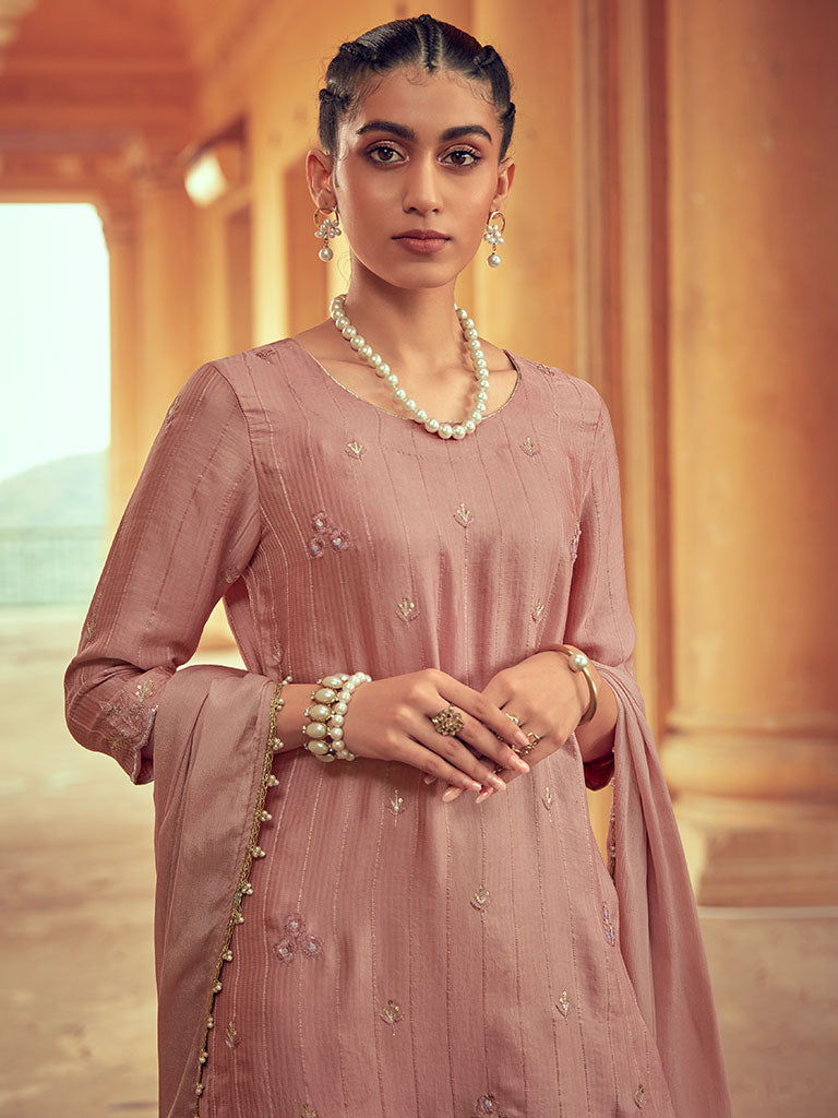 Mauve Color Straight Zardozi Embroided Kurta With Pants And Chinon Embroidered Dupatta