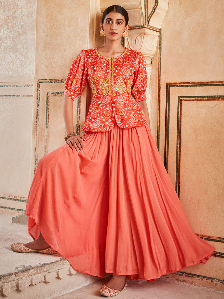 Embellished Orange Muslin Bhandej Peplum Top With Chinon Flared Divider