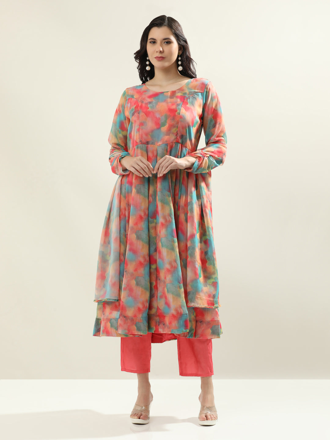 Floral Printed Anarkali Organza Flared Kurta & Palazzos Sets