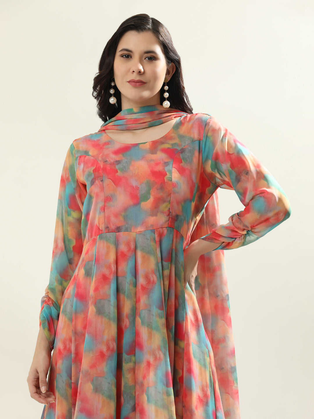 Floral Printed Anarkali Organza Flared Kurta & Palazzos Sets