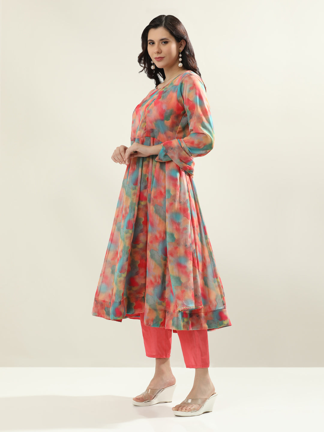 Floral Printed Anarkali Organza Flared Kurta & Palazzos Sets