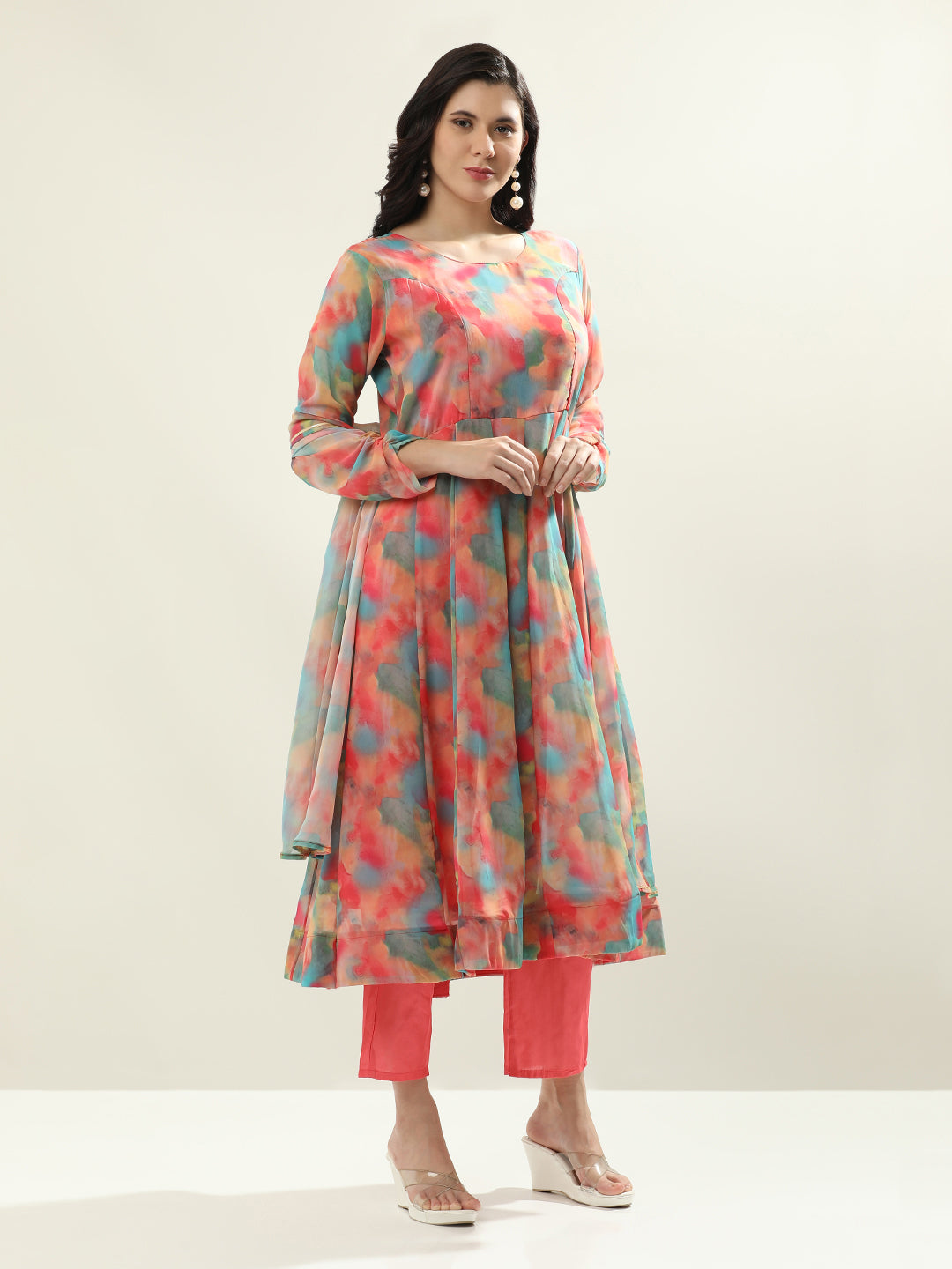 Floral Printed Anarkali Organza Flared Kurta & Palazzos Sets