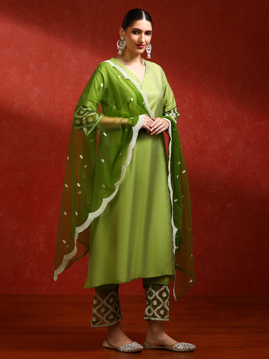 Solid Embroidered Straight Kurta & Trousers Sets