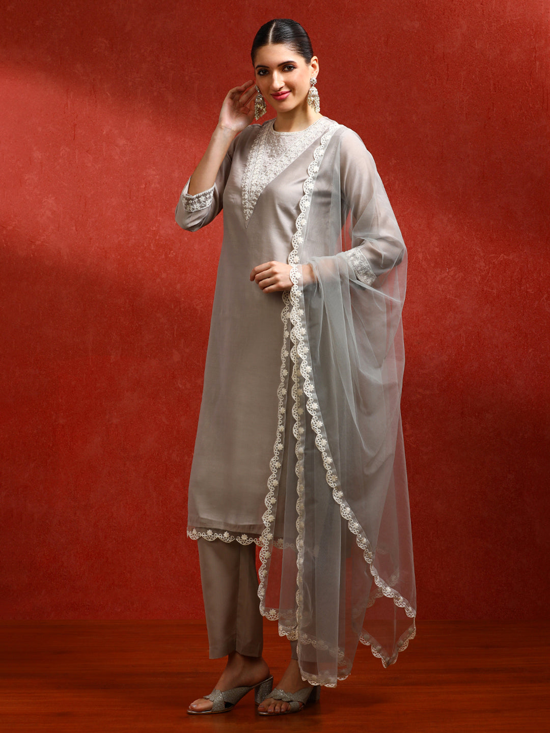 Floral Embroidered Straight Kurta & Trousers Sets
