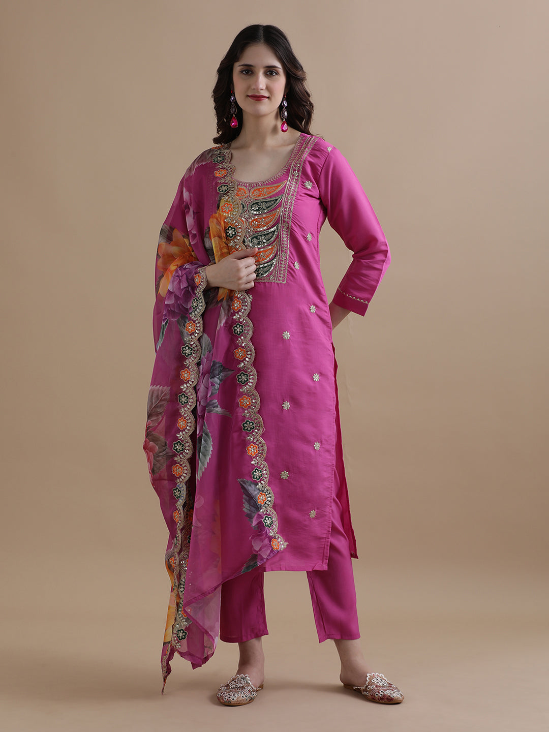 Embroidered Chanderi Cotton Ethnic Motifs Kurta Sets With Dupatta