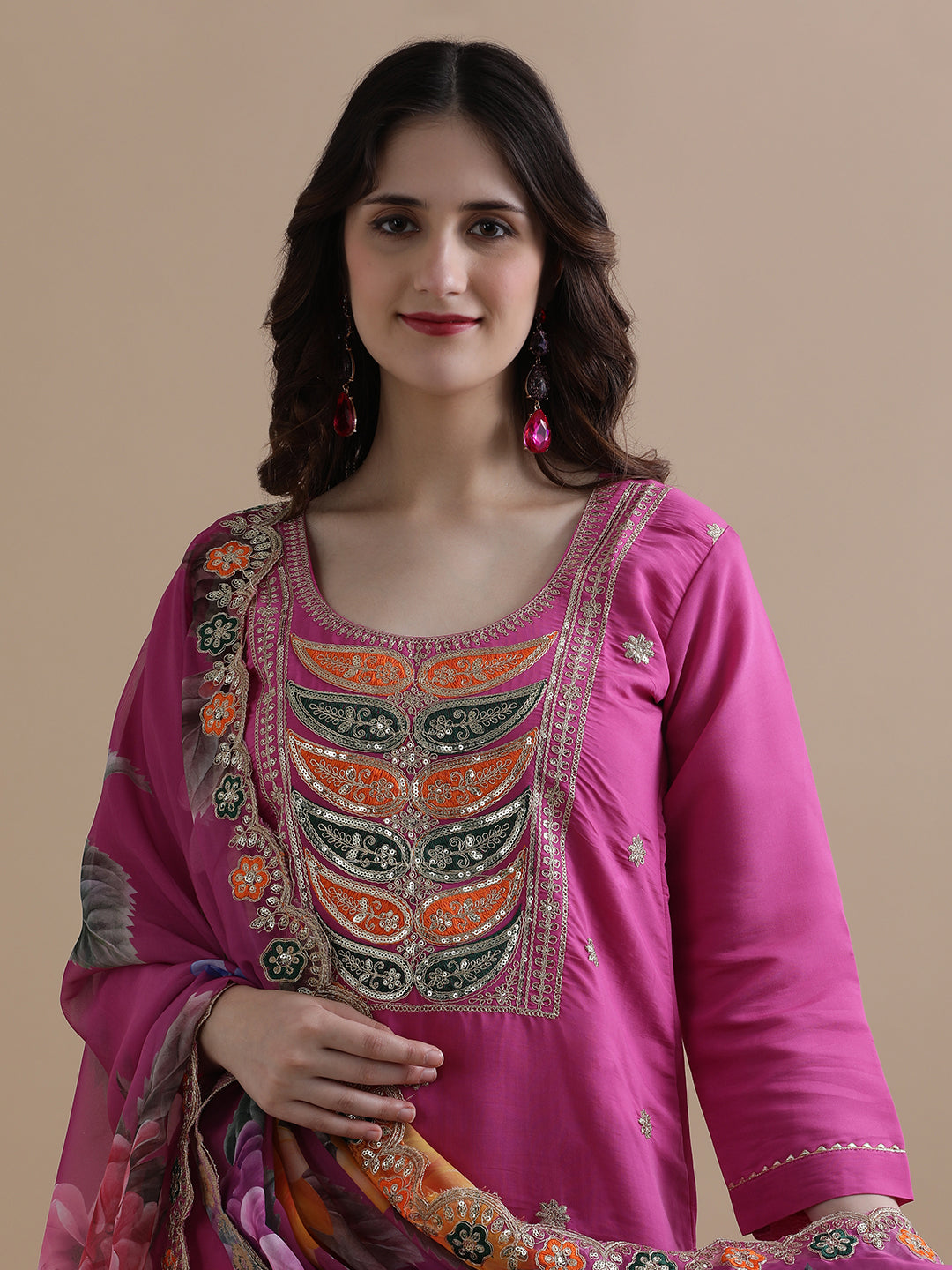Embroidered Chanderi Cotton Ethnic Motifs Kurta Sets With Dupatta