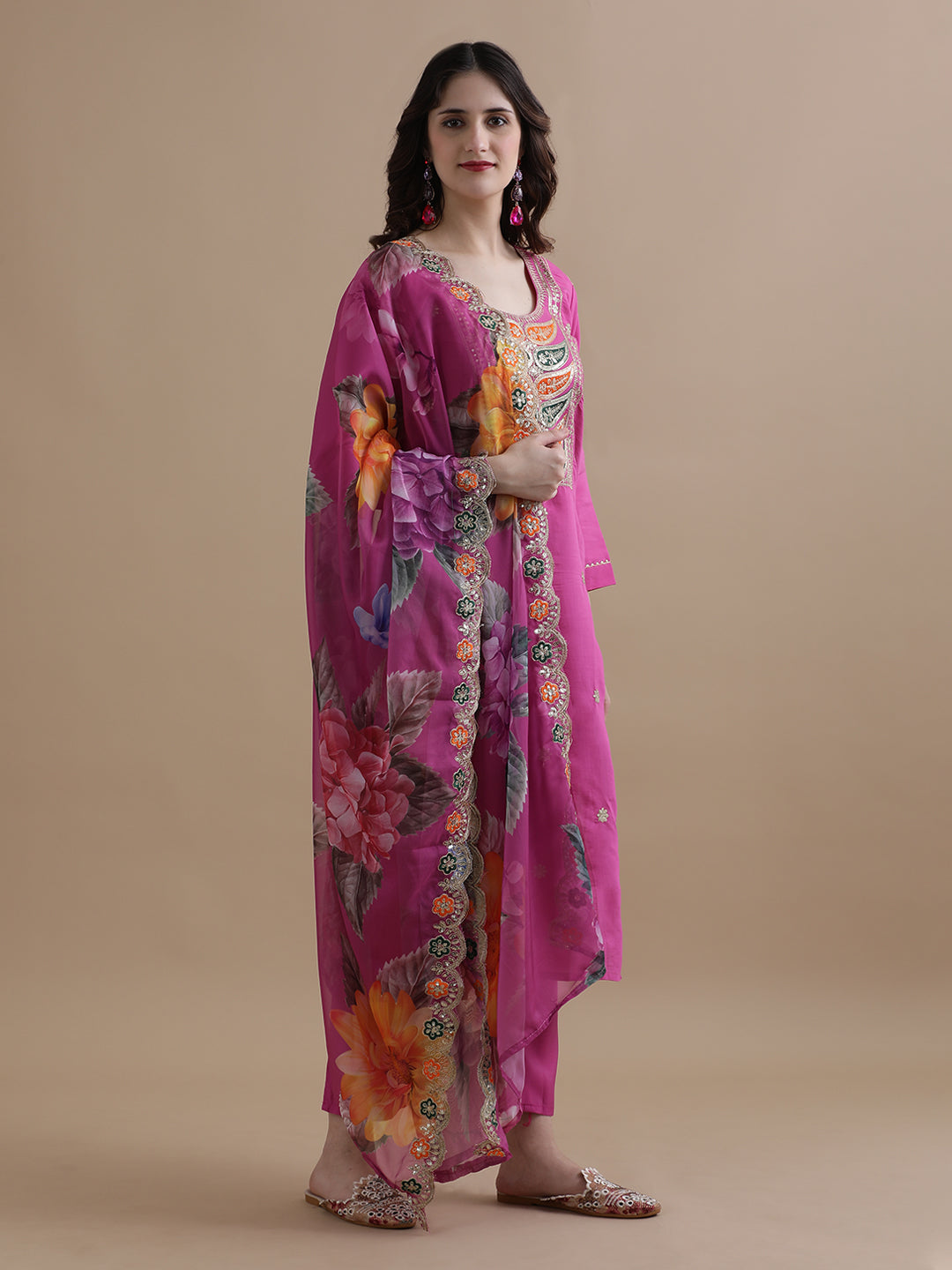 Embroidered Chanderi Cotton Ethnic Motifs Kurta Sets With Dupatta