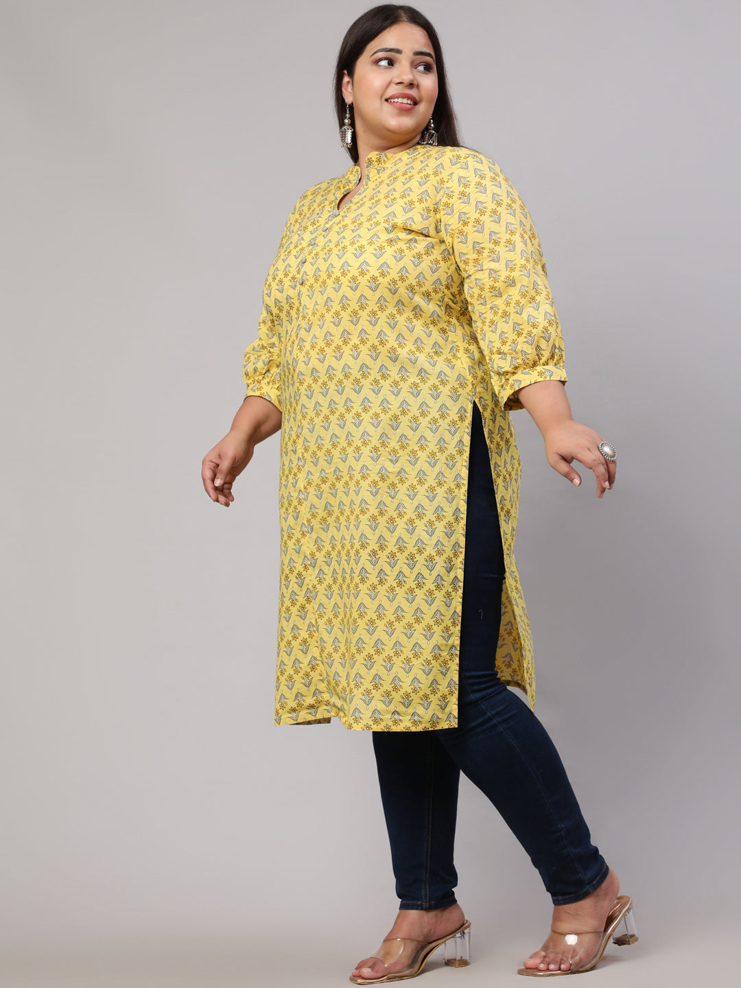 Plus Size Yellow Ethnic Mughal Buti Printed Straight Kurta