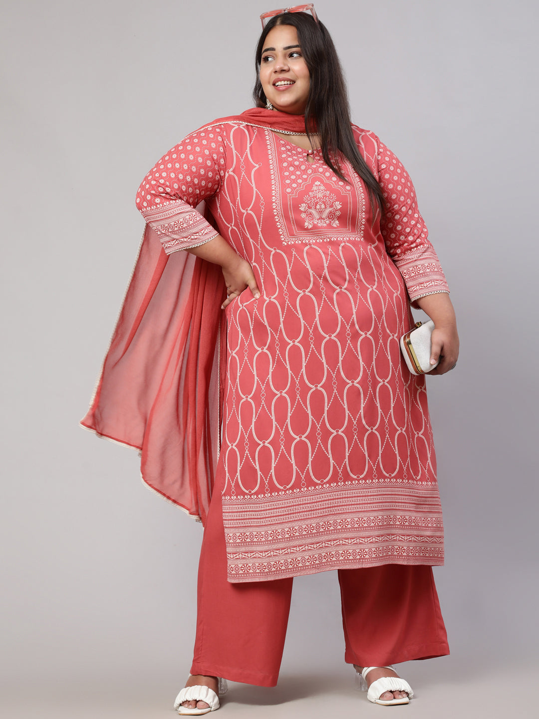 Plus Size Dusty Peach Placement Printed Straight Kurta With Solid Palazzo And Chinon Dupatta