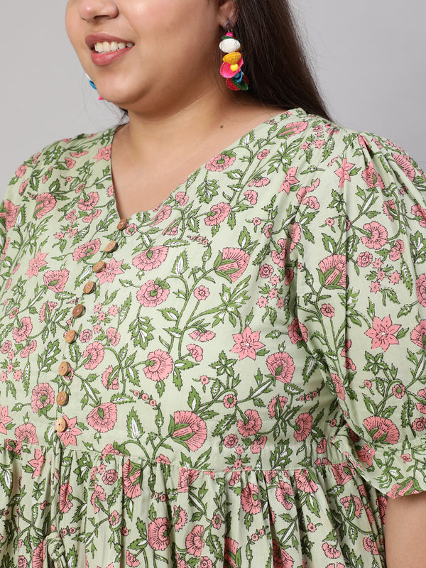 Plus Size Green Ethnic Floral Printed Flared Dress