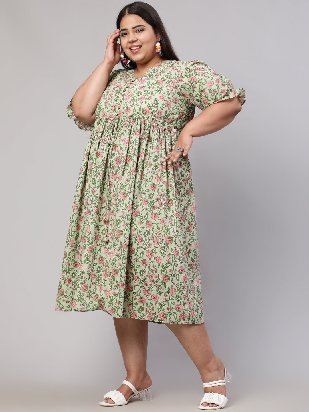 Plus Size Green Ethnic Floral Printed Flared Dress
