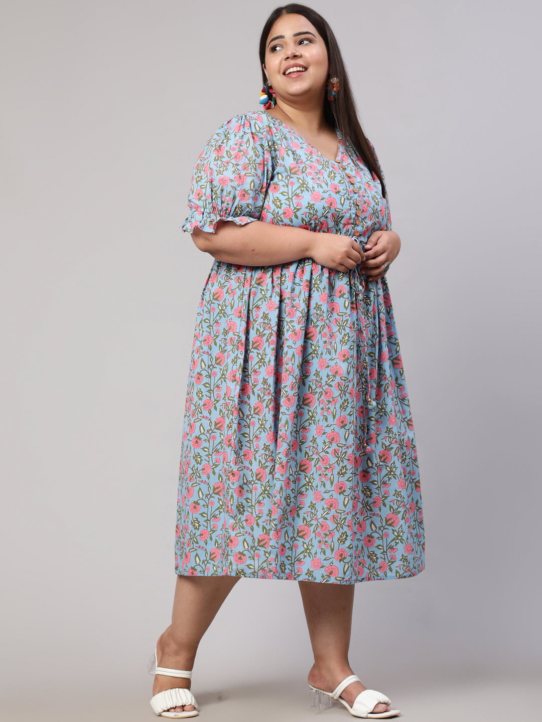 Plus Size Blue Ethnic Floral Printed Flared Dress