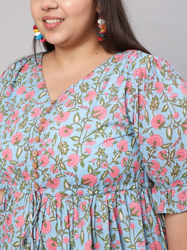 Plus Size Blue Ethnic Floral Printed Flared Dress