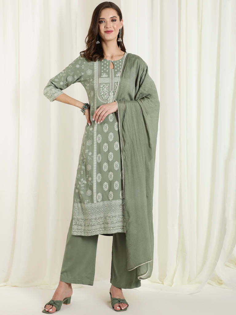 Olive Green Placement Printed Straight Kurta With Solid Palazzo And Chinon Dupatta