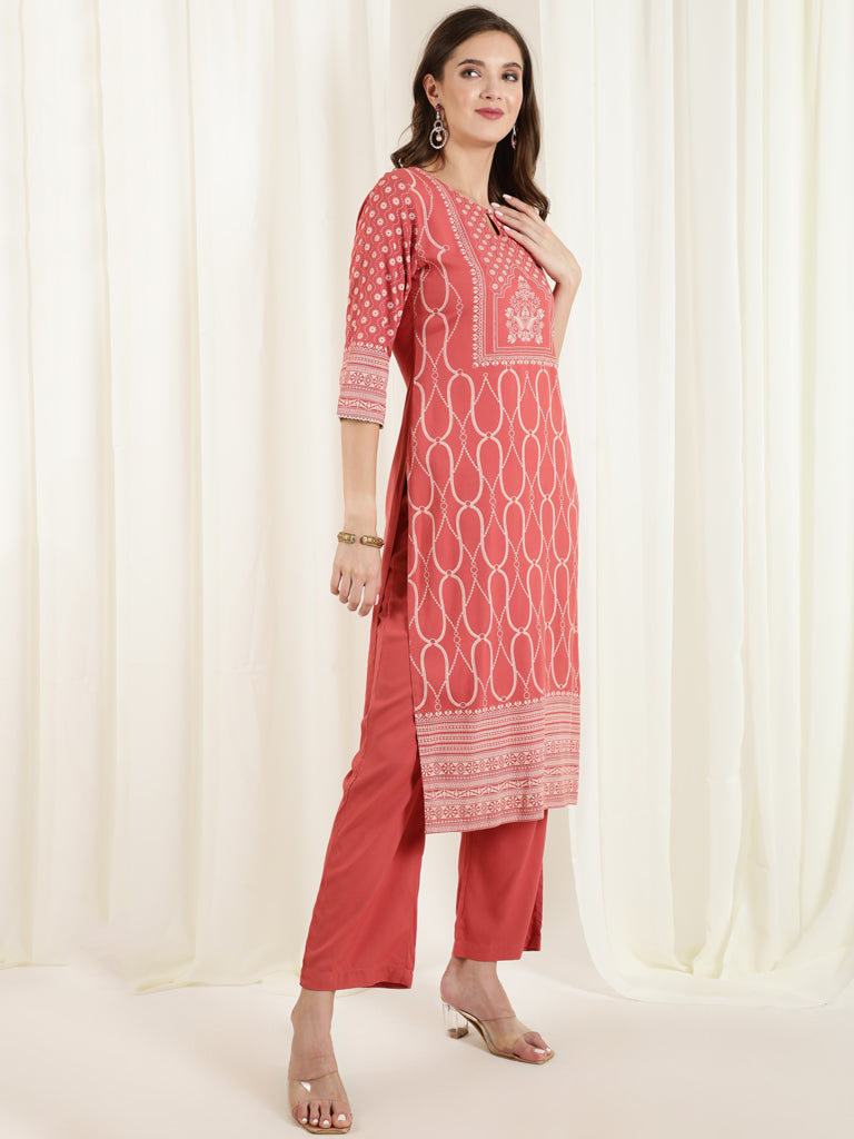 Dusty Peach Placement Printed Straight Kurta With Solid Palazzo And Chinon Dupatta