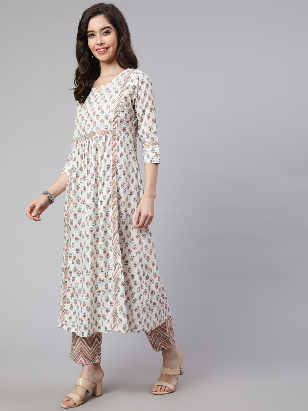 White And  Peach Flared Cotton Embroidered Kurta With Printed Palazzo