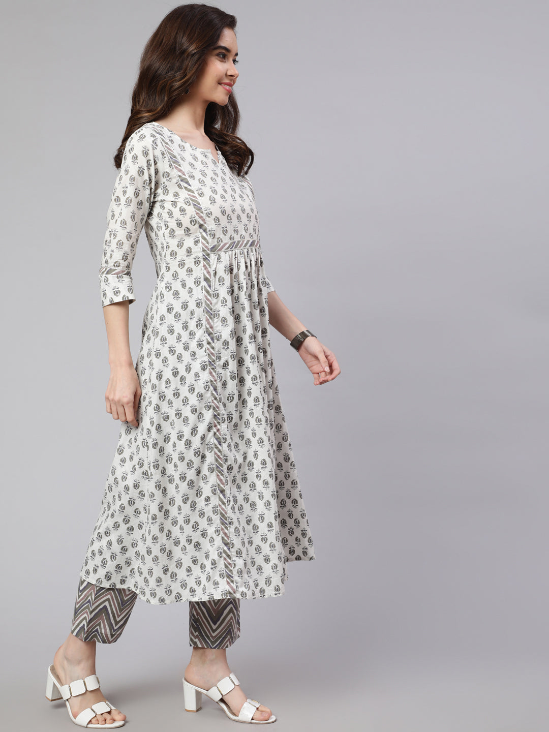 White And  Grey Flared Cotton Embroidered Kurta With Printed Palazzo