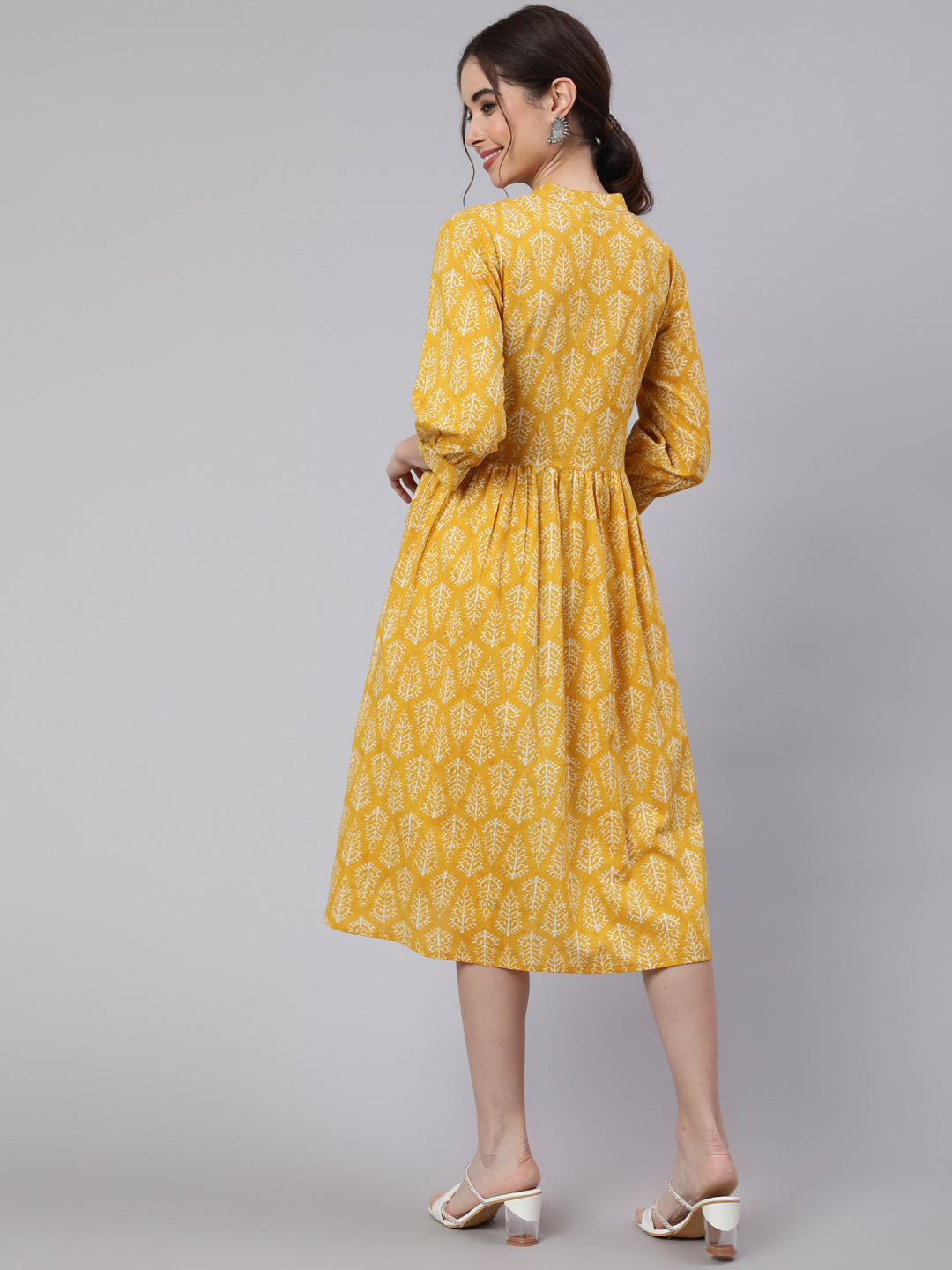 Yellow Ethnic Printed Flared Dress