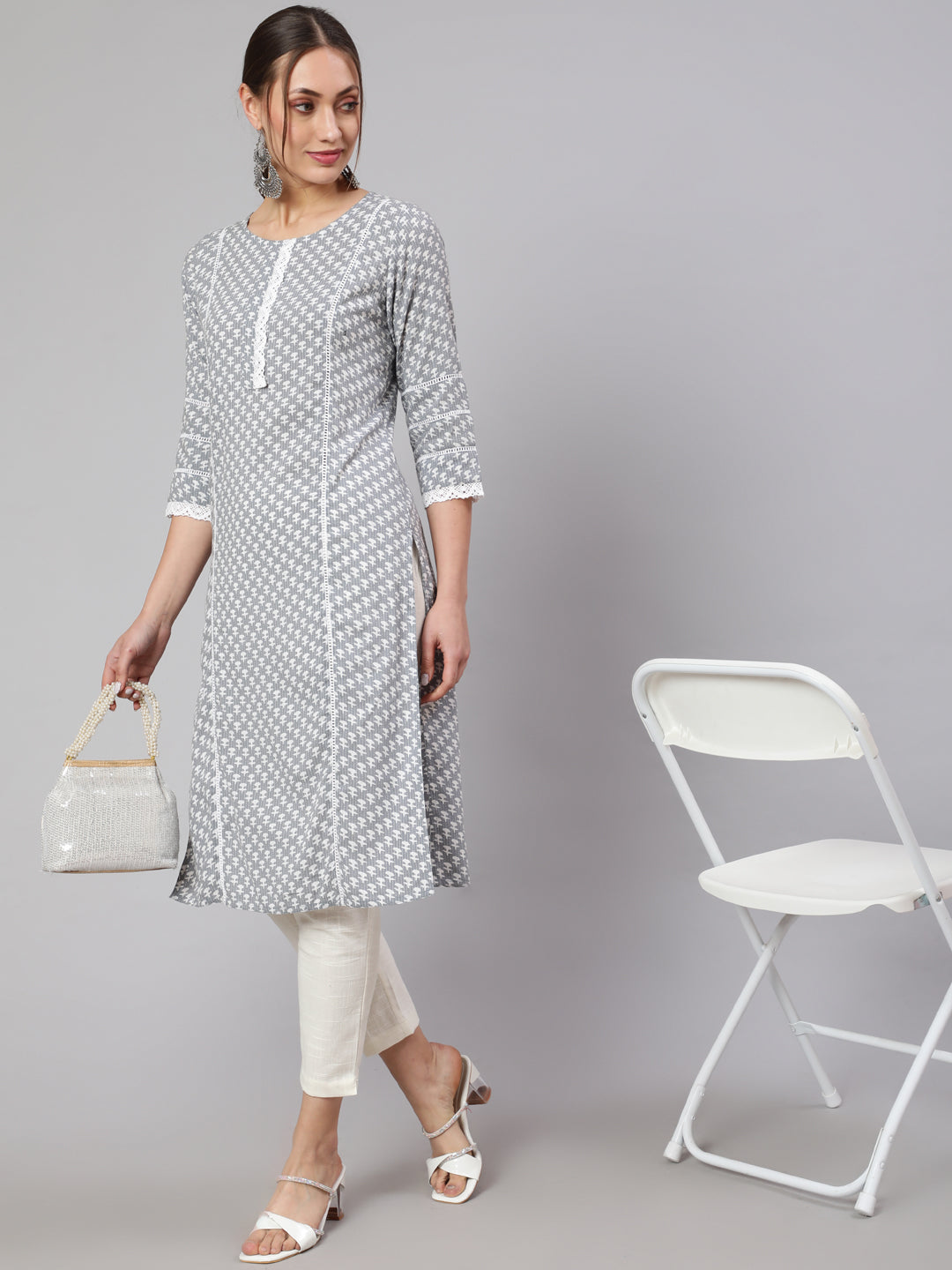 Grey Woven Kantha Printed Laced Straight Kurta