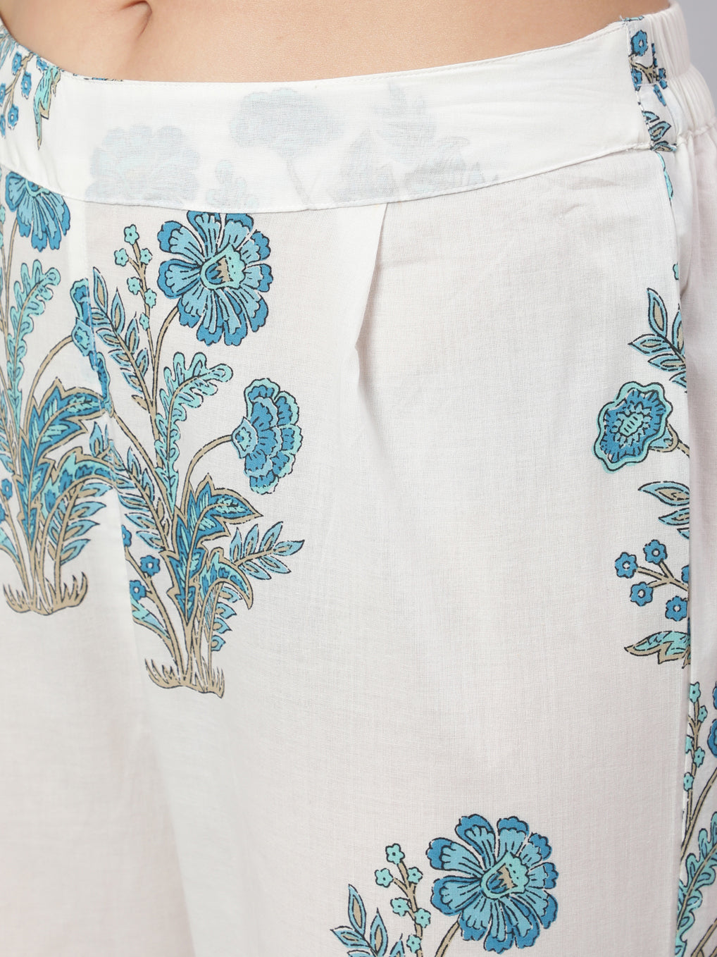 White & Turquoise Blue Ethnic Printed Flared Kurta With Pants & Dupatta