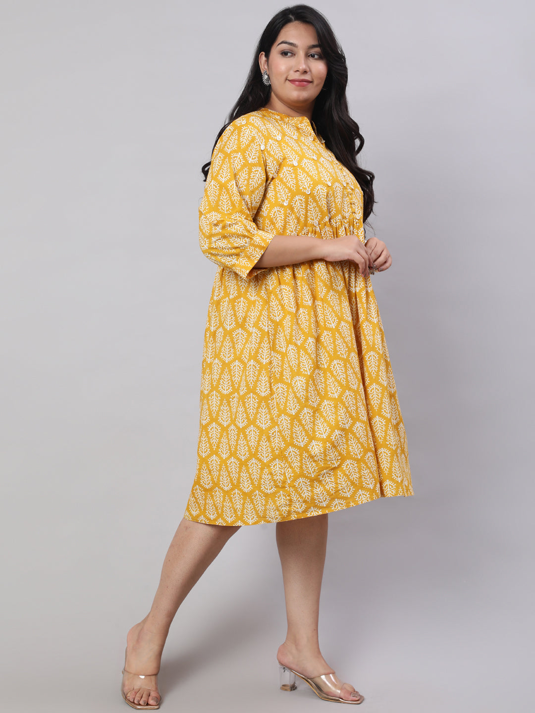 Plus Size Yellow Ethnic Printed Flared Dress