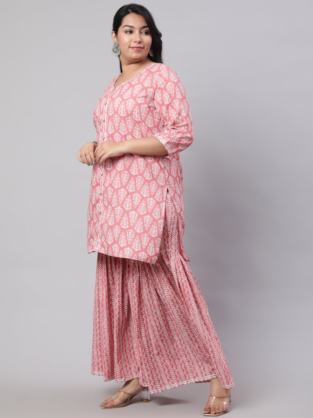 Plus Size Pink Ethnic Printed Kurti With Sharara And Chiffon Dupatta