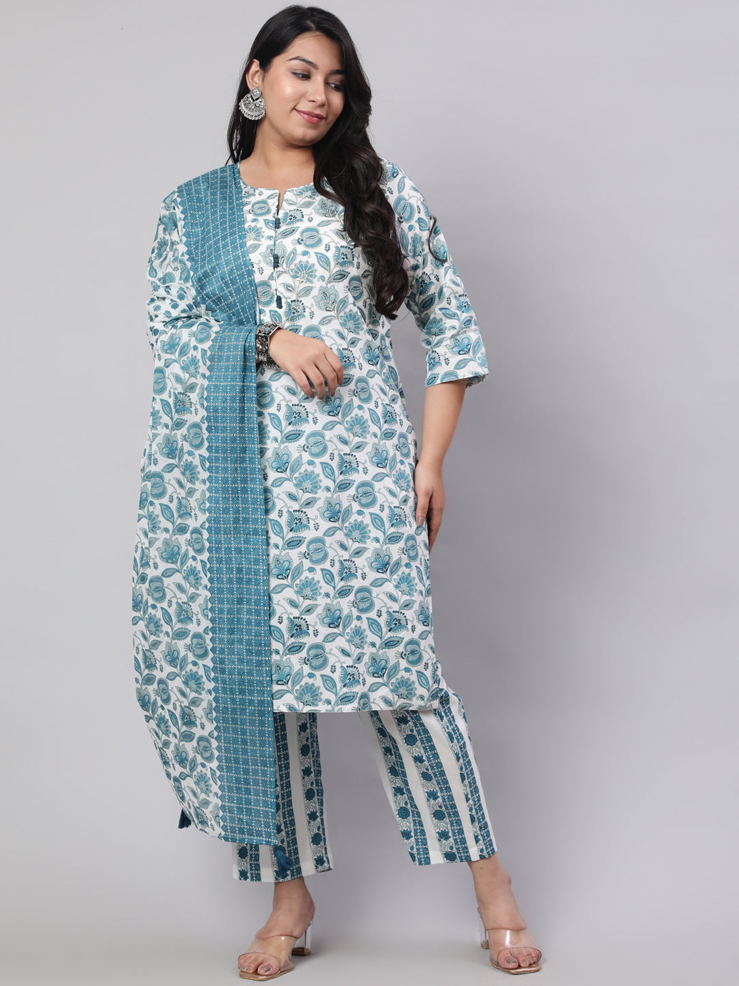 Plus Size Blue Ethnic Floral Printed Embroidered Kurta With Printed Pants And Printed Dupatta