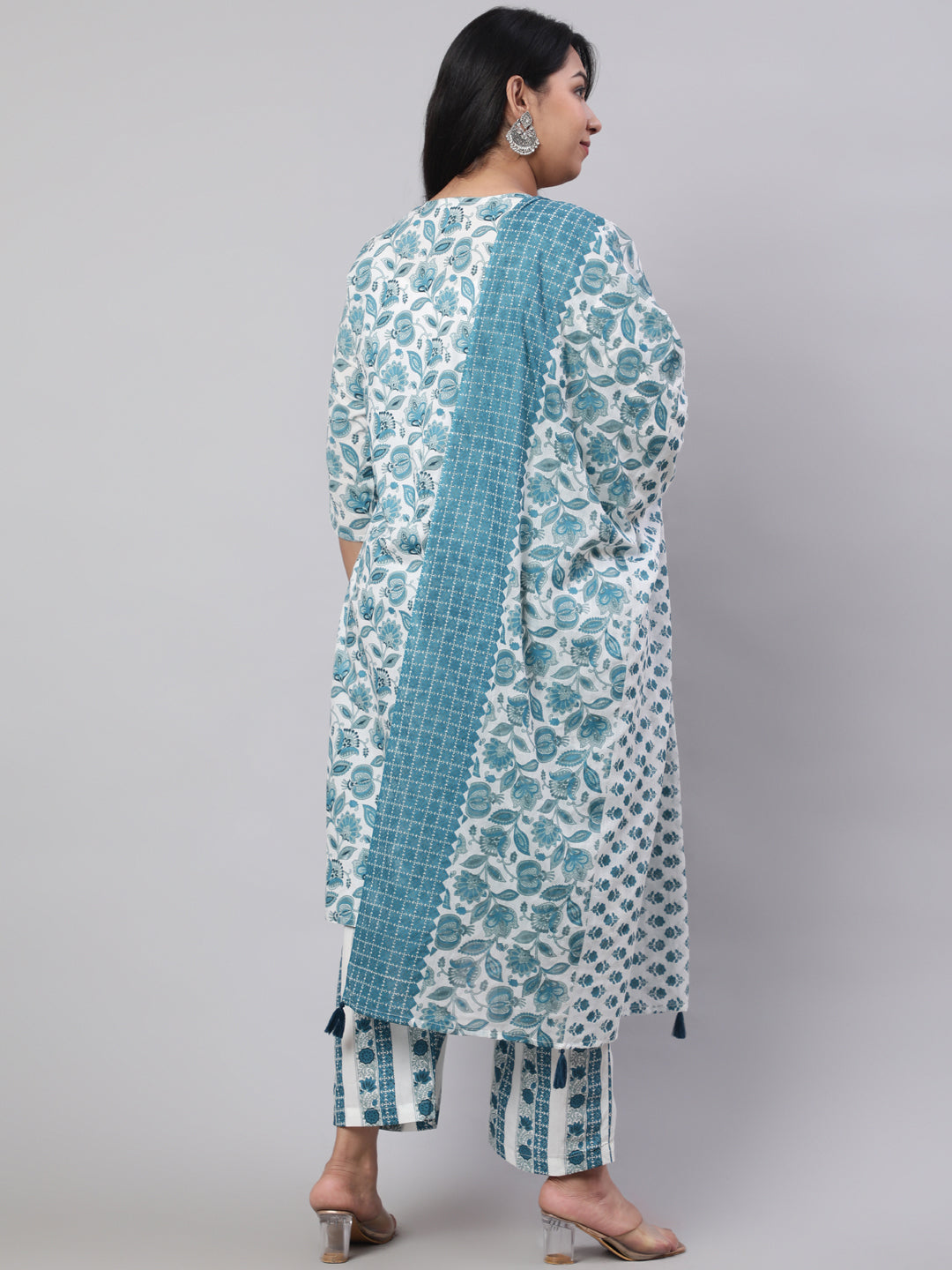 Plus Size Blue Ethnic Floral Printed Embroidered Kurta With Printed Pants And Printed Dupatta