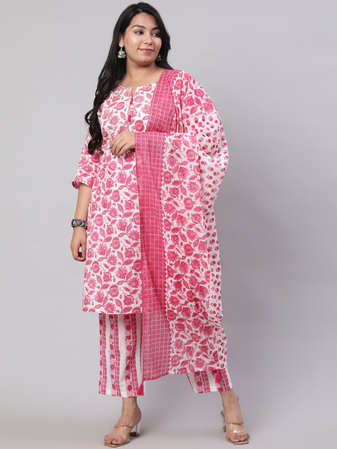 Plus Size Fuchsia Ethnic Floral Printed Embroidered Kurta With Printed Pants And Printed Dupatta