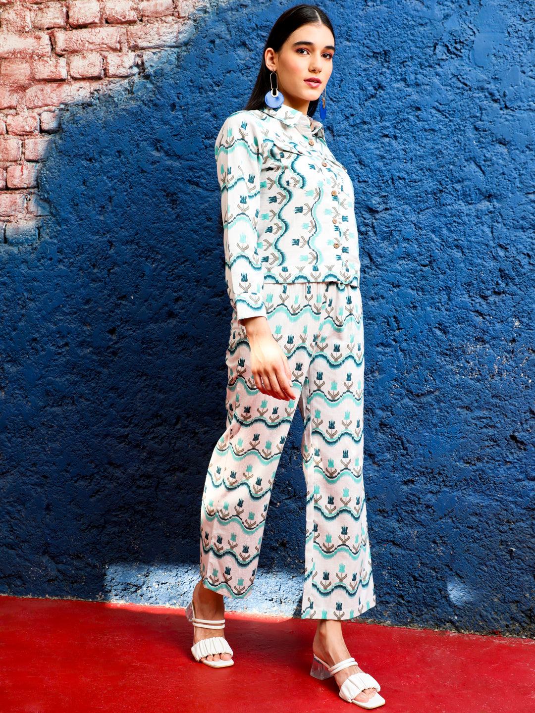 Ikat Printed Cream & Turquoise Blue Jacket With Palazzo Co-ord Set