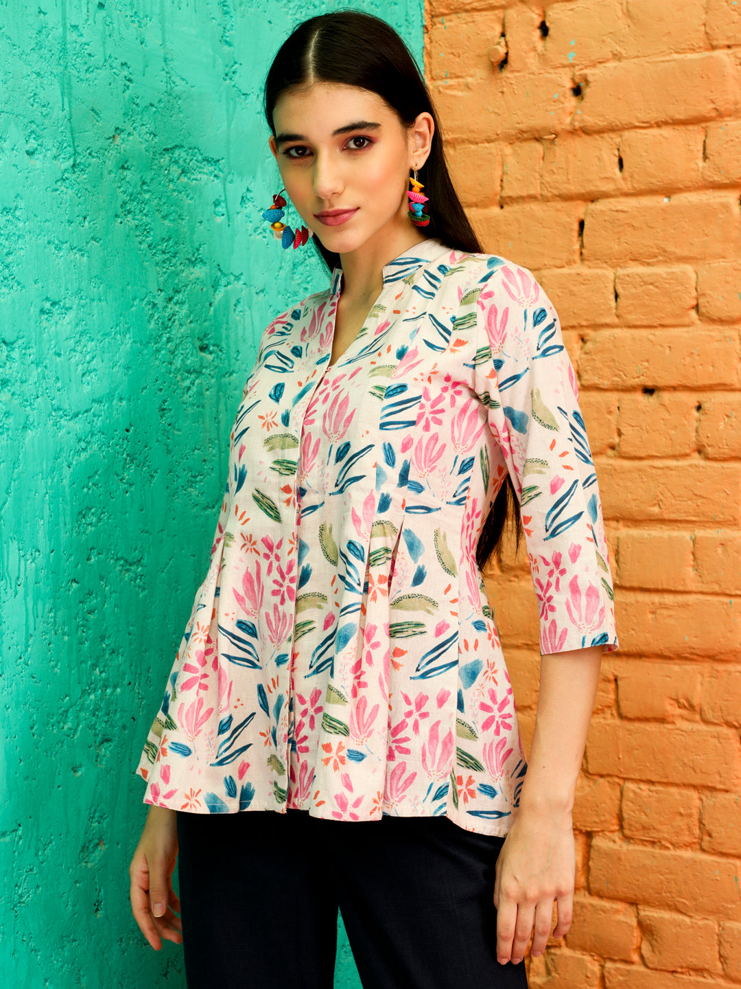 Pink Abstract Printed Pleated Cotton Top