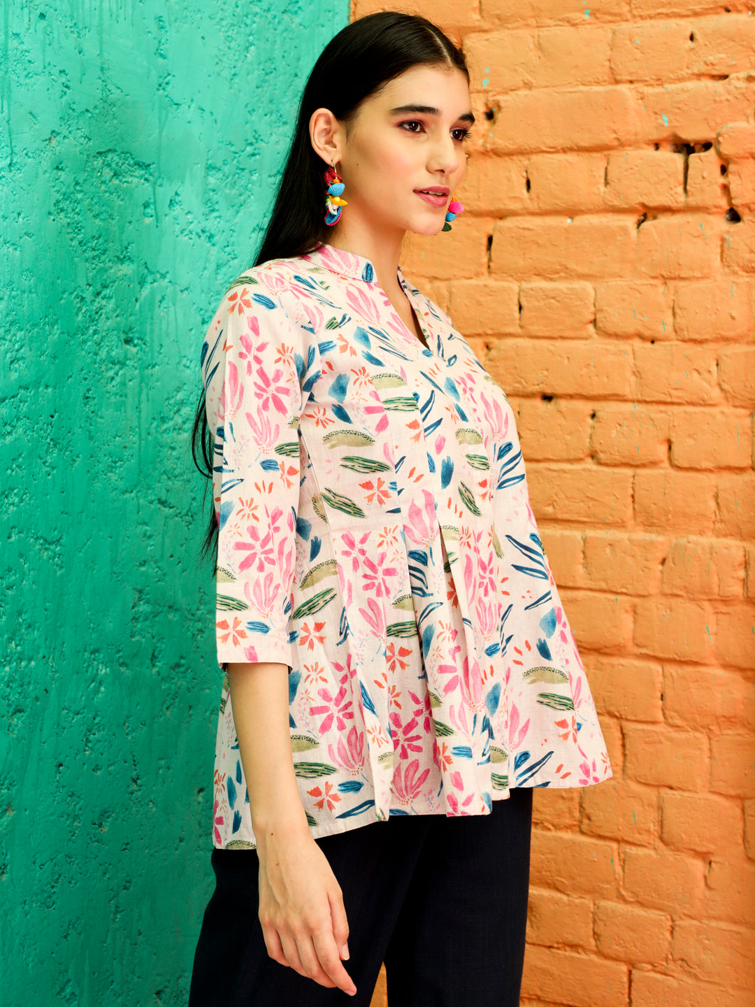 Pink Abstract Printed Pleated Cotton Top