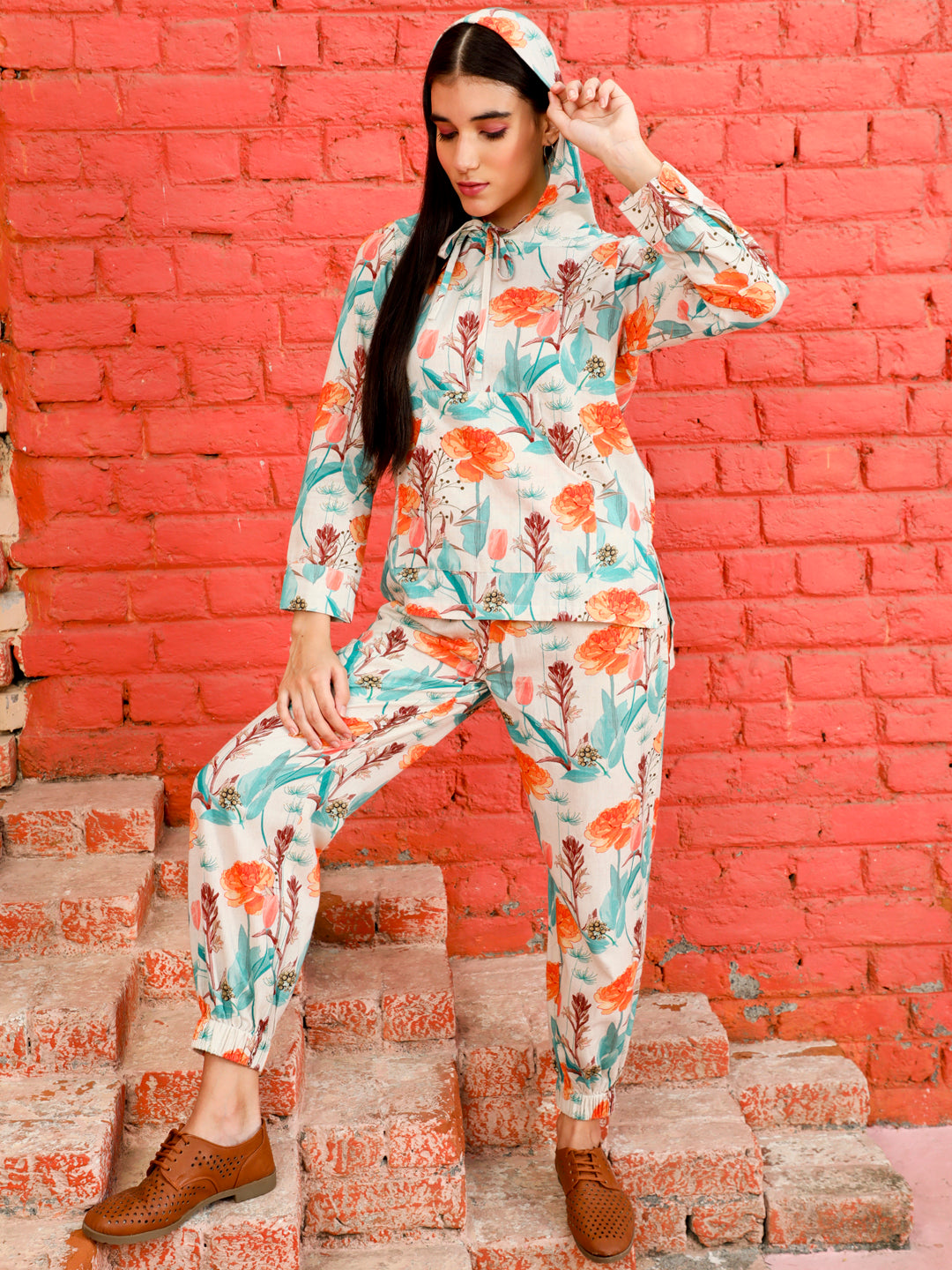 Turquoise Blue Floral Hoodie With Floral Joggers Co-ord Set