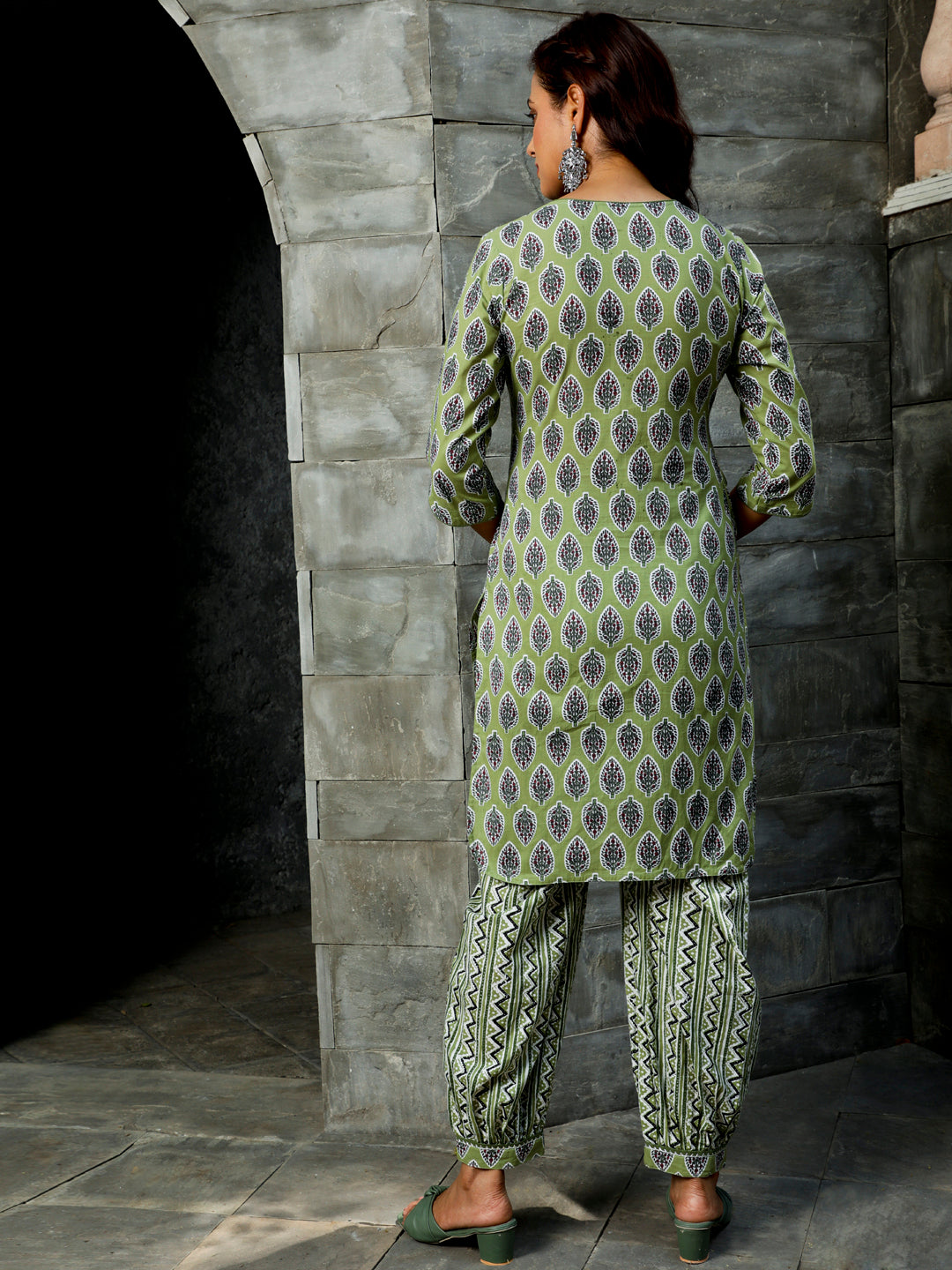 Olive Green Ethnic Motif Printed Straight Kurta With Zig-zag Printed Afghani Salwar