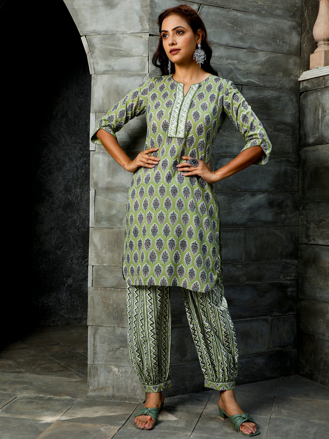 Olive Green Ethnic Motif Printed Straight Kurta With Zig-zag Printed Afghani Salwar